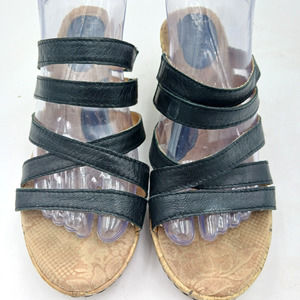 boc Born Concept women's black leather sandals wedge heel Size 7 heel‎ 2 3/4"
